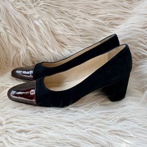 Eliana Tortoise Patent Cap Toe Black Suede Heels Sz 9